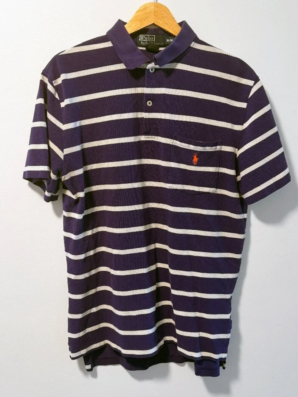 Polo by Ralph Lauren Short Sleeve Polo Shirt Purple White Striped Pocket Mens M